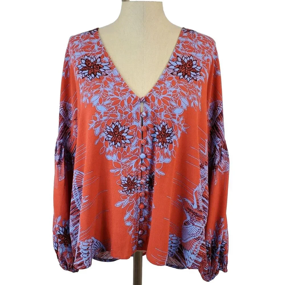 Free People Oversized Balloon Sleeve Peasant Top XS Boho Cottagecore Artsy